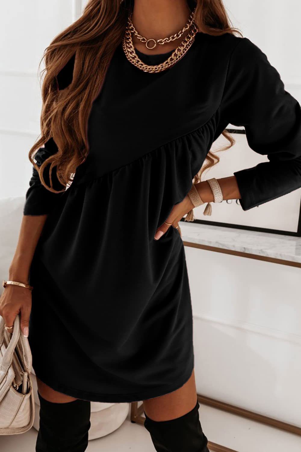 O Neck Long Sleeve Babydoll Tunic Dress