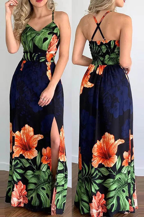 Tropical Print Slit Crisscross Backless Maxi Dress