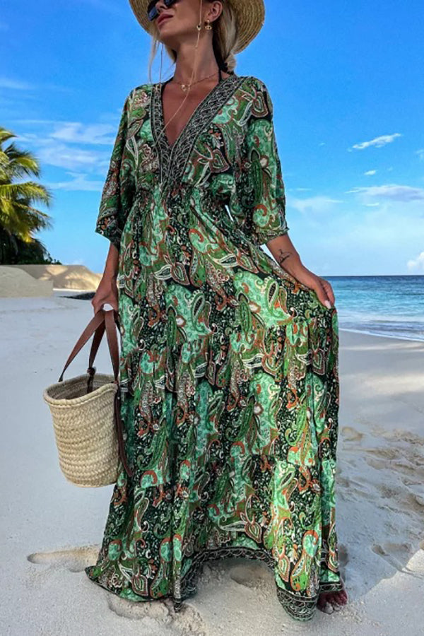 Paisley Print V Neck Bat Sleeve Maxi Dress