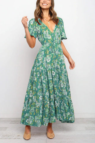 Floral V Neck Tie Waist Maxi Dress