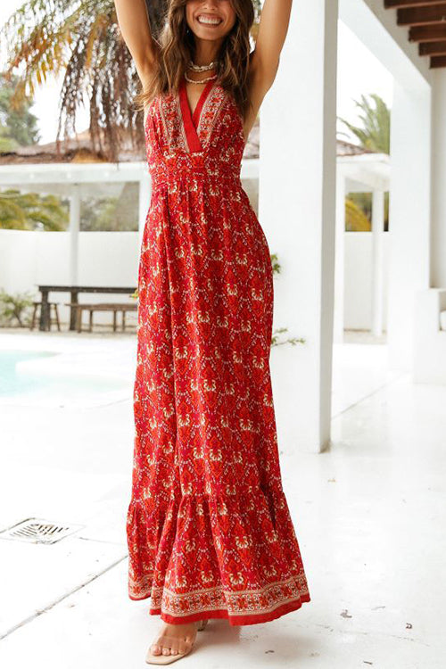 Floral V Neck Halter Neck Backless Maxi Dress