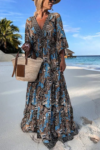 Paisley Print V Neck Bat Sleeve Maxi Dress