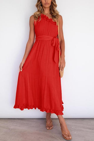 Ruffles One Shoulder Belted Maxi Dress