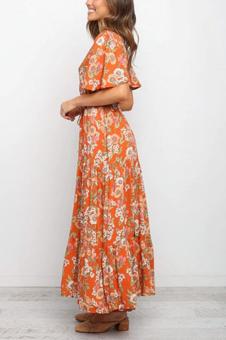 Floral V Neck Tie Waist Maxi Dress