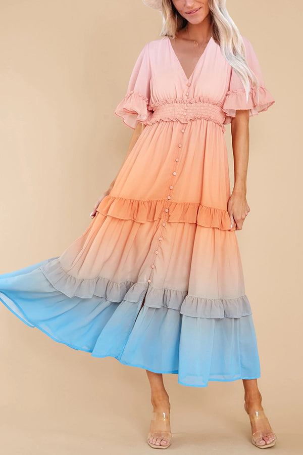 Ombre Sunset Ruffles Maxi Dress