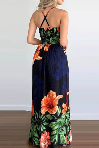 Tropical Print Slit Crisscross Backless Maxi Dress