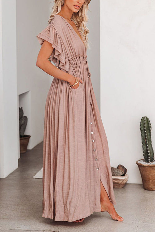 Button Drawstring Waist Bat Maxi Cover Dress