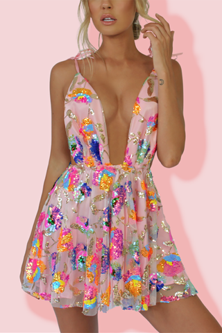 Rainbow Sequin Open Back Slip Mini Dress