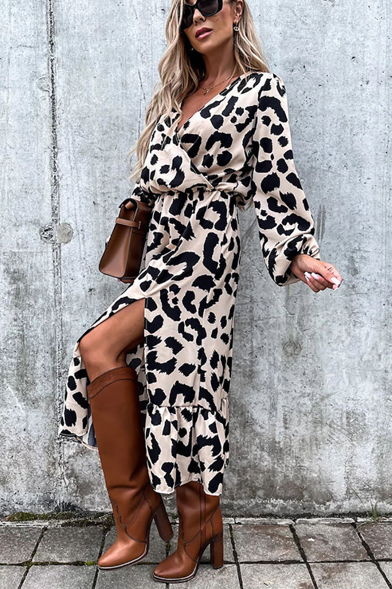 Leopard Long Sleeve Slit Midi Dress