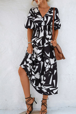 Print V Neck Beach Bubble Sleeve Midi Dress