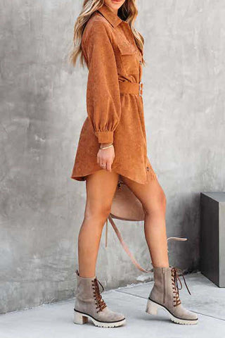 Corduroy Belted Button Down Shirt Dress