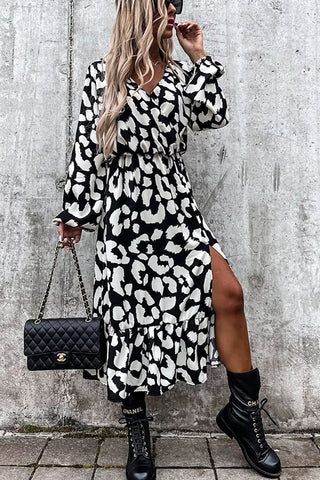 Leopard Long Sleeve Slit Midi Dress