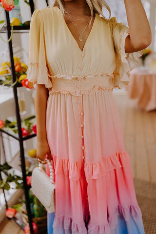 Ombre Sunset Ruffles Maxi Dress