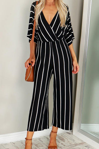 V-neck Wide-leg Striped Jumpsuit