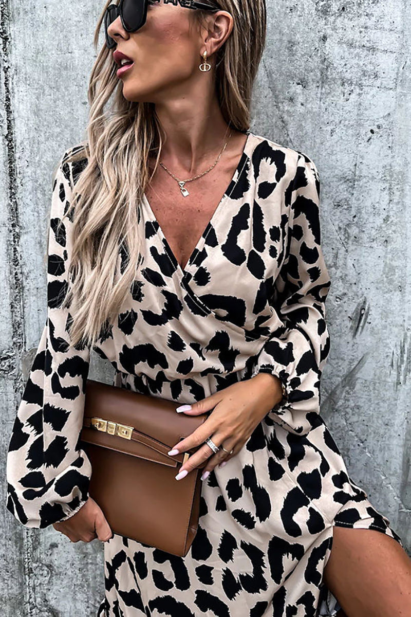 Leopard Long Sleeve Slit Midi Dress