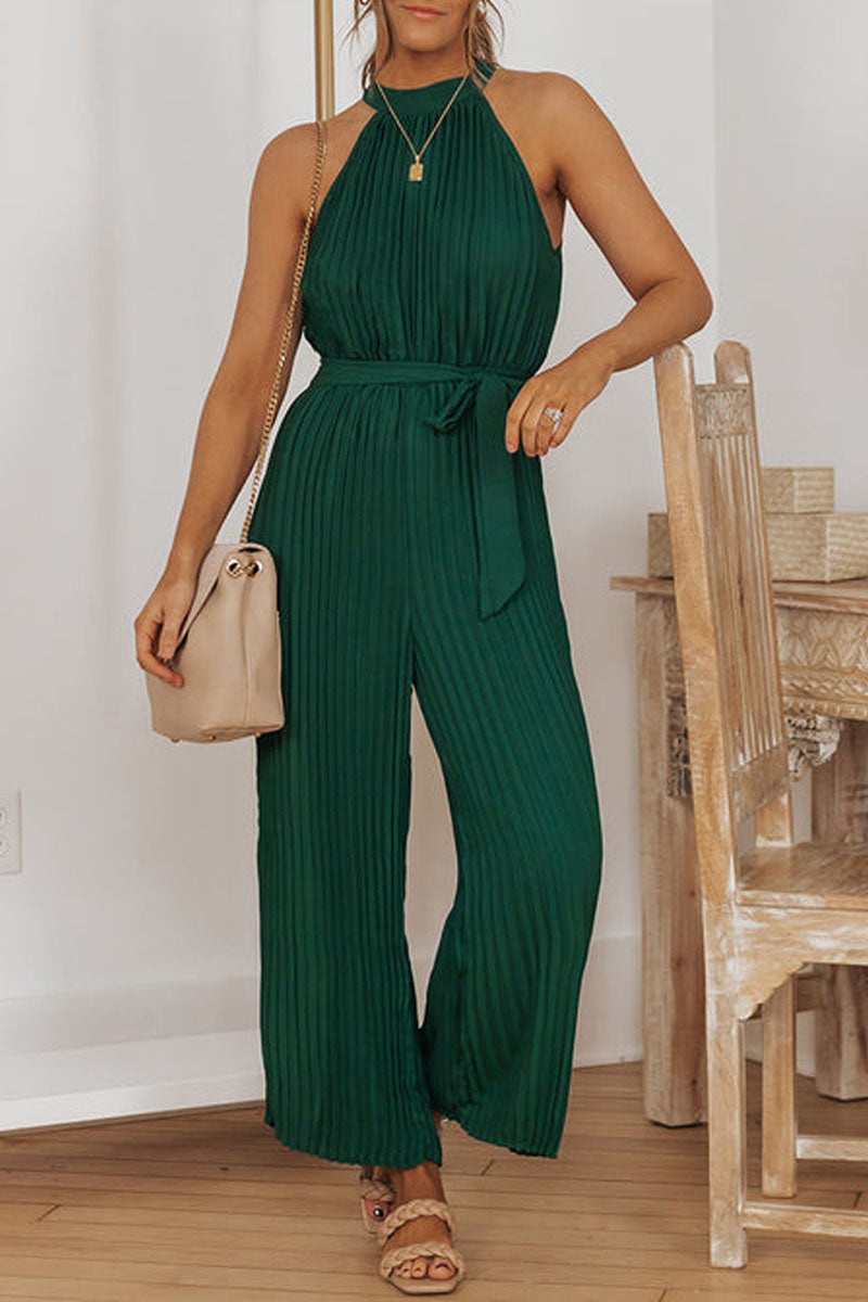 Accordion-pleated Belted Grecian Neck Sleeveless Jumpsuit