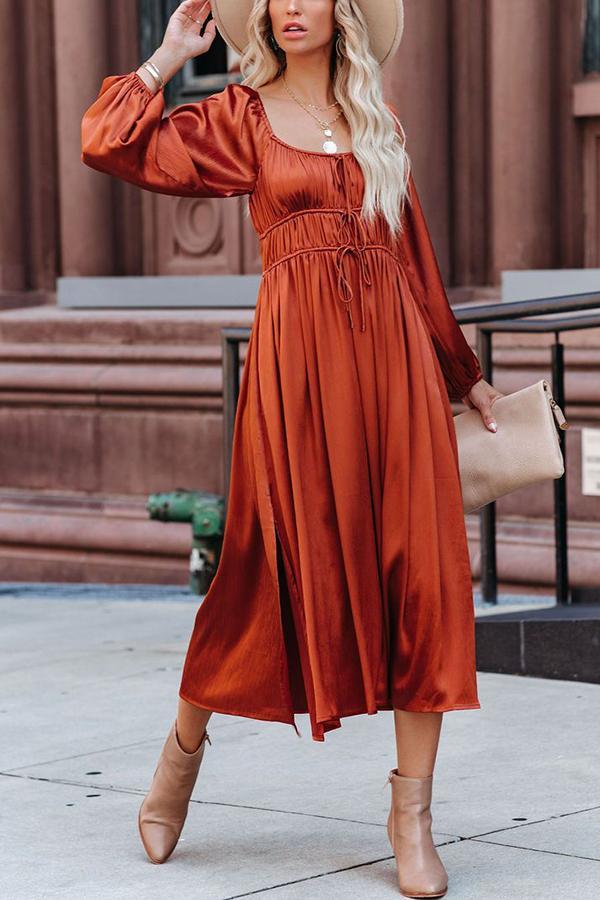 Satin Pocket Drawstring Long Sleeve Midi Dress