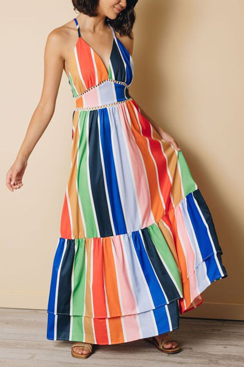 Rainbow Stripe Backless Slip Maxi Dress