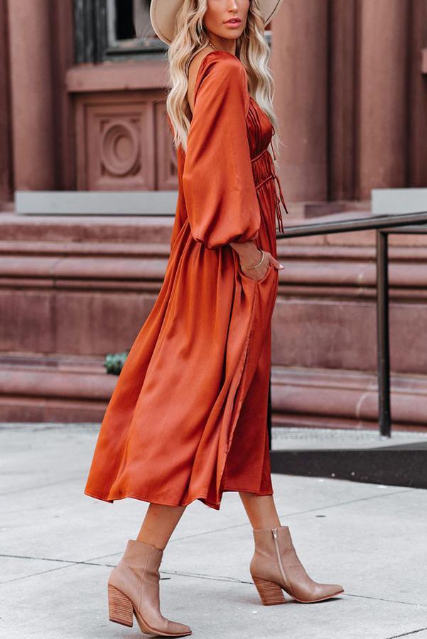 Satin Pocket Drawstring Long Sleeve Midi Dress