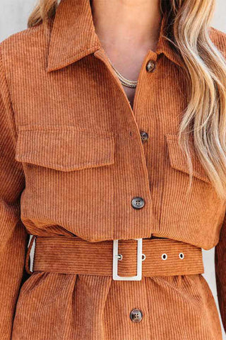 Corduroy Belted Button Down Shirt Dress