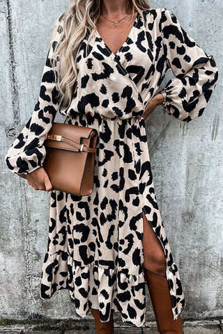 Leopard Long Sleeve Slit Midi Dress