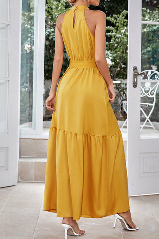 Elegant Solid Halter Neck Lace-up Maxi Dress