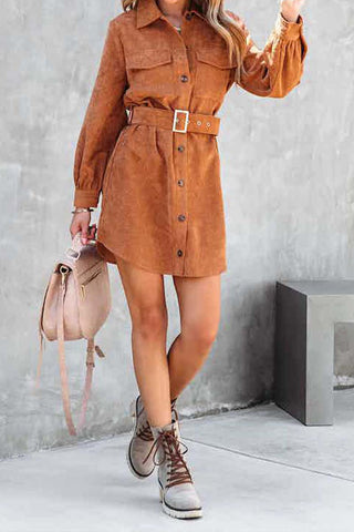 Corduroy Belted Button Down Shirt Dress