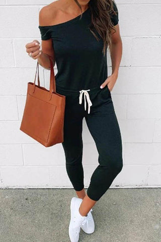 Short Sleeve Solid Color One Shoulder Casual Wear Jumpsuit