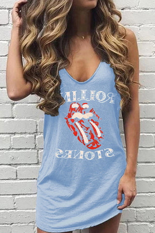 Lip Print Rolling Stones Blue Mini Dress