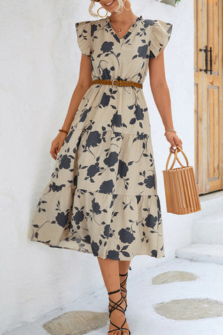 Floral V Neck Beach Ruffle Sleeve Midi Dress