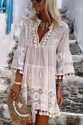 Boho Tassels V Neck Seven Sleeve Dress