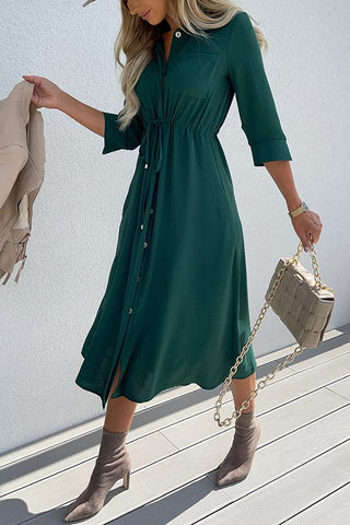 Drawstring Waist Button Midi Dress