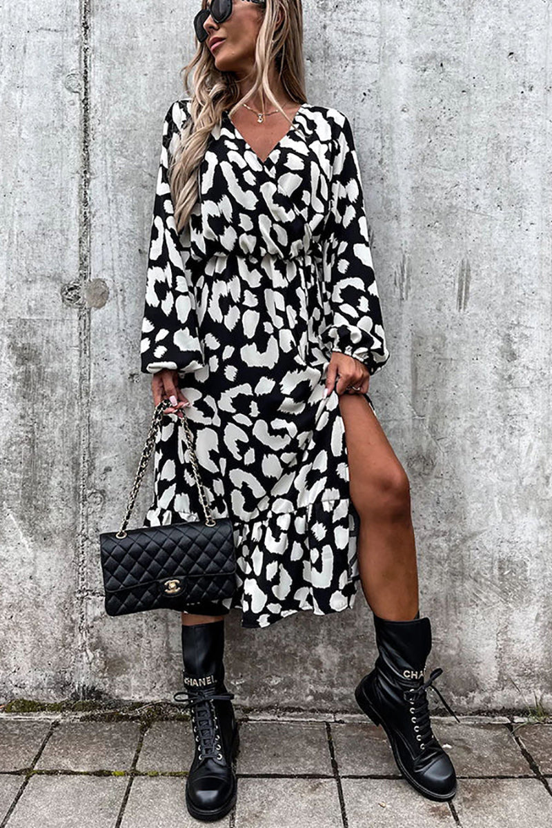 Leopard Long Sleeve Slit Midi Dress