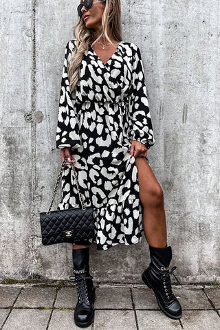 Leopard Long Sleeve Slit Midi Dress