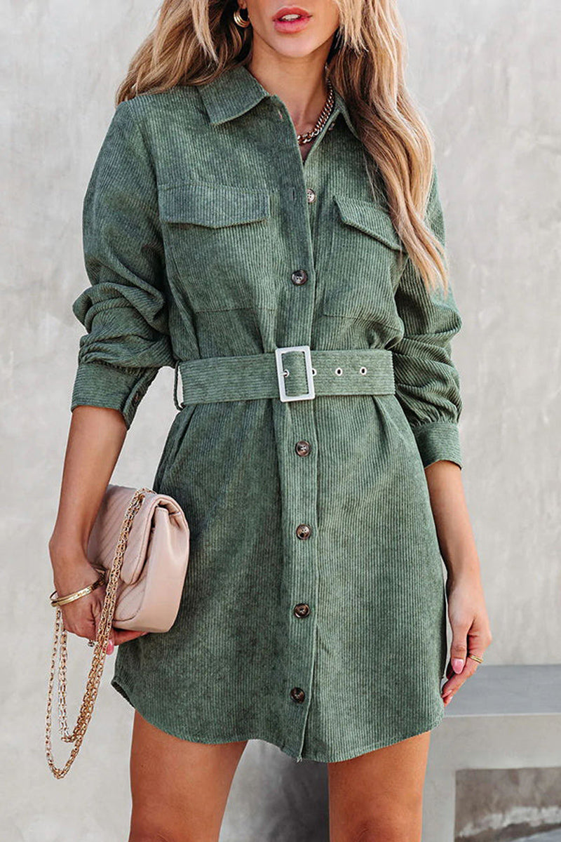 Corduroy Belted Button Down Shirt Dress