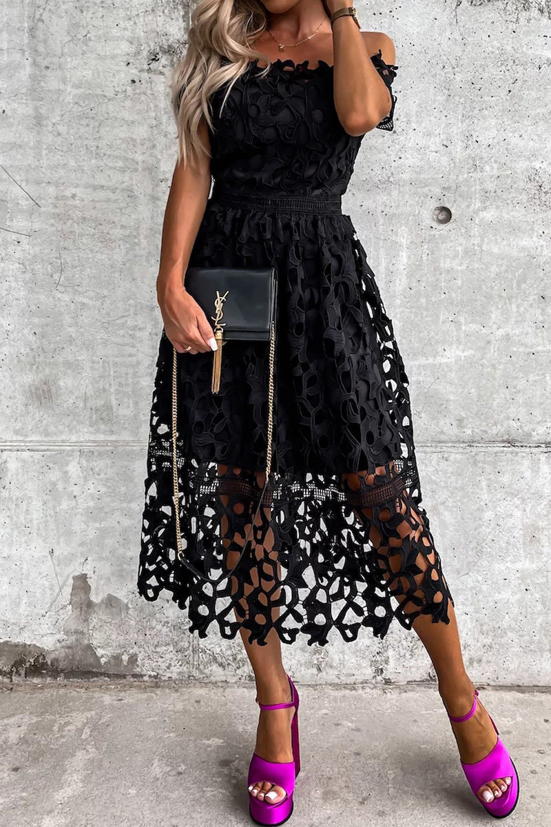 Off Shoulder Crochet Lace Midi Dress