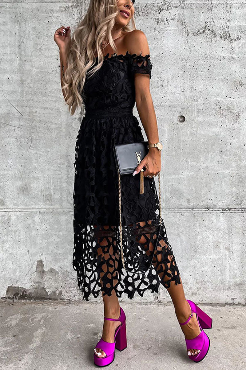 Off Shoulder Crochet Lace Prom Dress