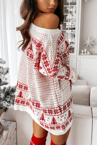 Christmas Print Dew Shoulder Sweater Dress