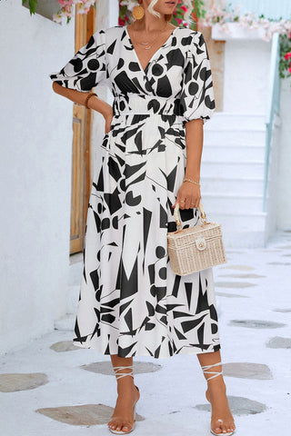 Print V Neck Beach Bubble Sleeve Midi Dress