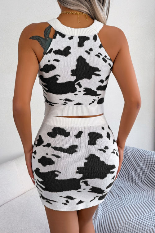 Animal print Contrast Sleeveless Knit Top and Mini Skirt Set