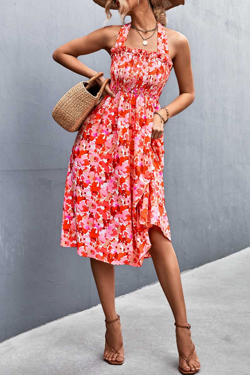 Women's Print Casual Sleeveless Bohemia Beach Halter Dress