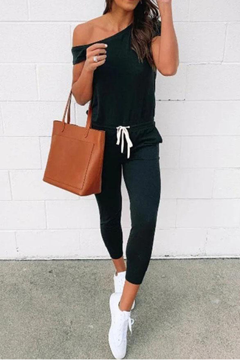 Short Sleeve Solid Color One Shoulder Casual Wear Jumpsuit