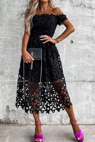 Off Shoulder Crochet Lace Midi Dress