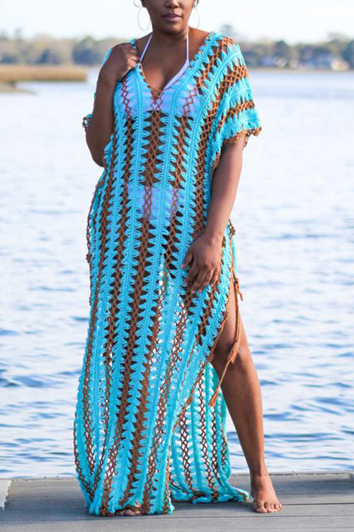 Stripe V Neck Side Slit Hollow Caftan Dress