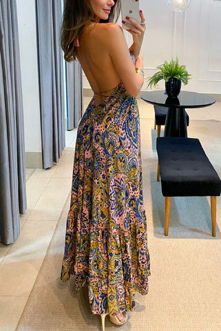 Printed Backless Vacation Maxi Dress