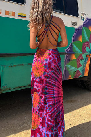 Tie-dye Print Back Lace-up Stretch Maxi Dress