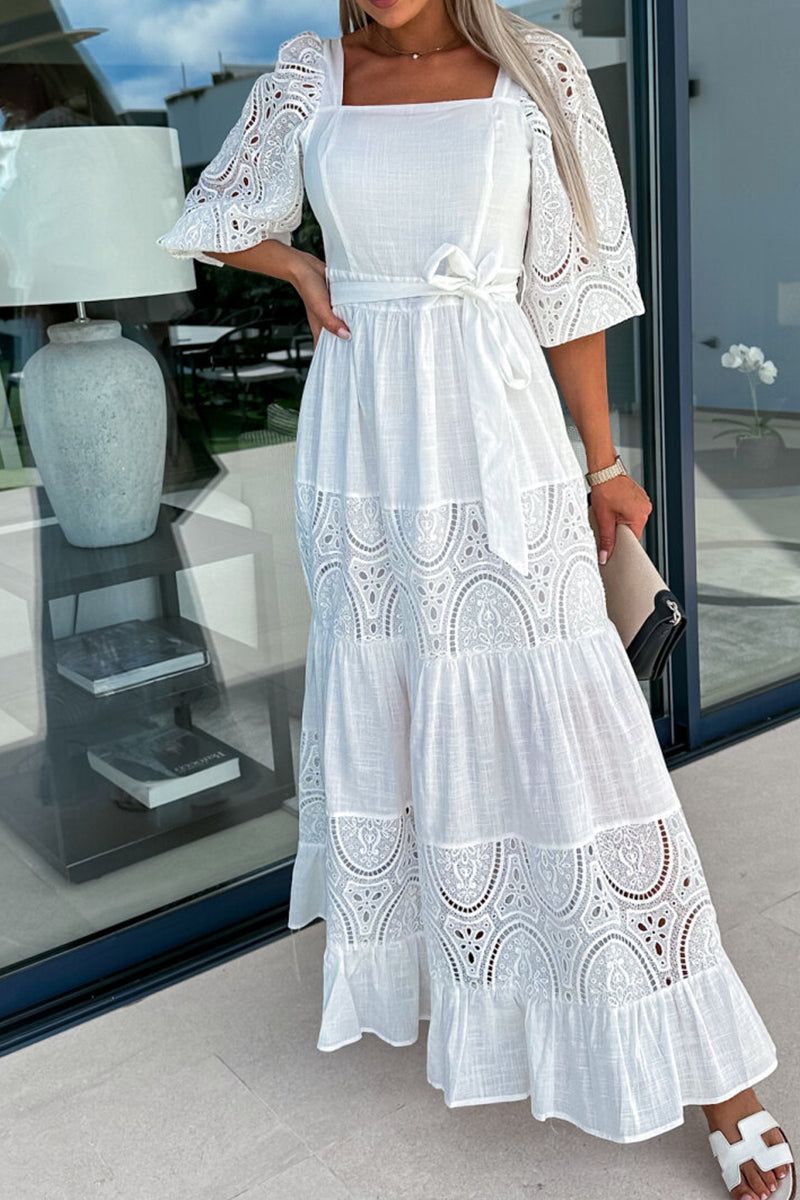 Crochet Lace Patchwork Belted Puff Sleeve Maxi Dress