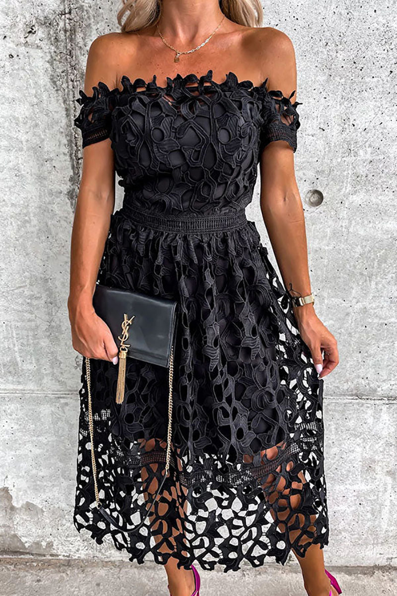 Off Shoulder Crochet Lace Prom Dress