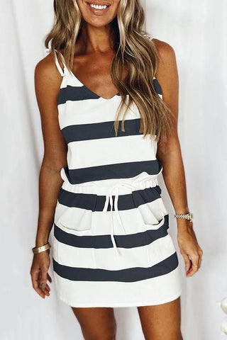 Stripe Drawstring Sleeveless Mini Dress