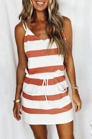 Stripe Drawstring Sleeveless Mini Dress